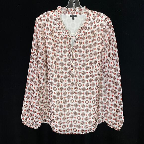 Talbots 2023 Ruffle Neck Blouse in Ditsy Medallion Metallic Sheer Sleeve Gold L - Picture 3 of 7